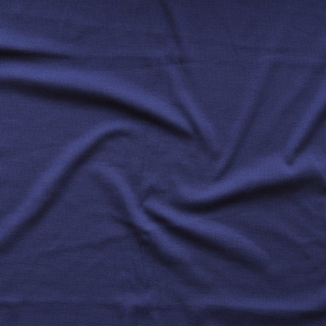 Plain navy 2x2 rib cotton ribbing fabric, dyed to match Navy Chicacheetah Cotton French Terry.