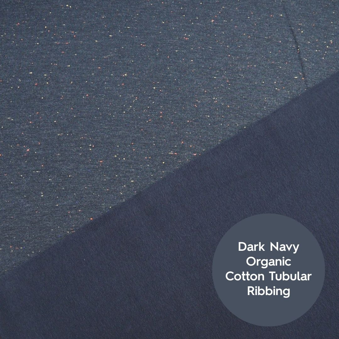 Denim blue fleeceback sweatshirt fabric with colourful flecks.