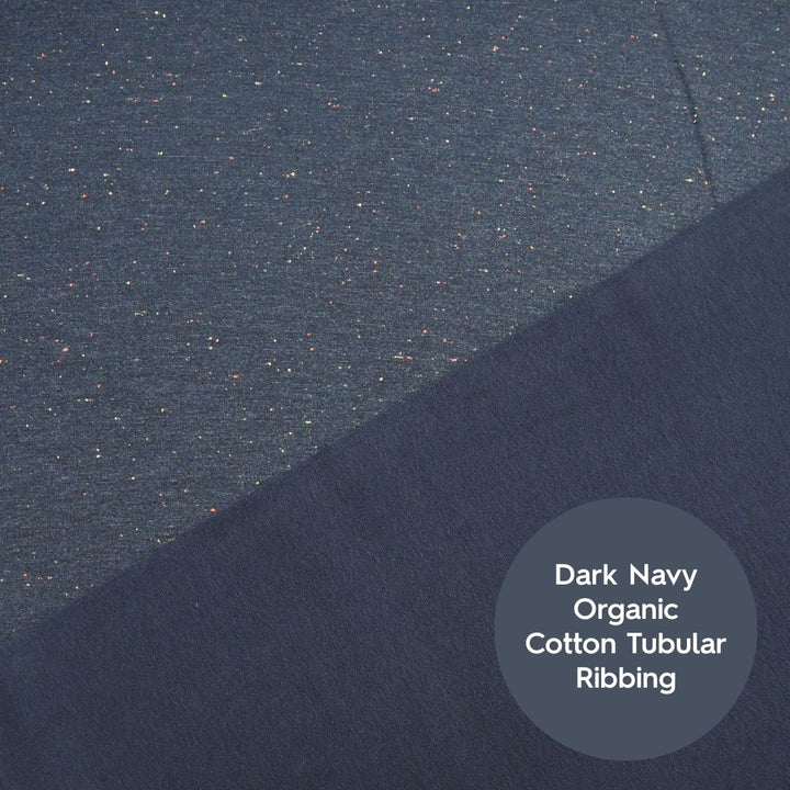 Denim blue fleeceback sweatshirt fabric with colourful flecks.