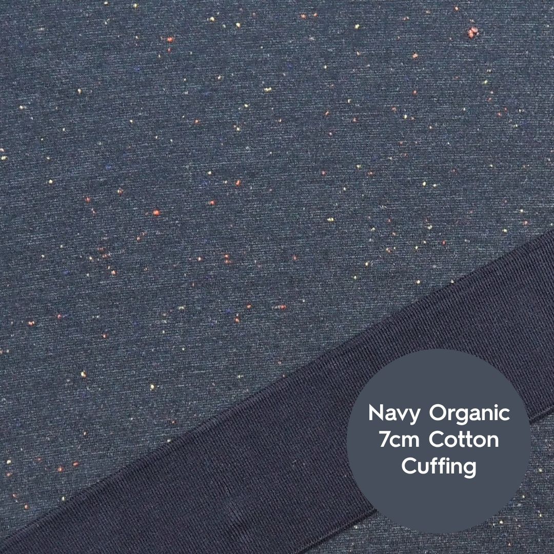 Denim blue fleeceback sweatshirt fabric with colourful flecks.