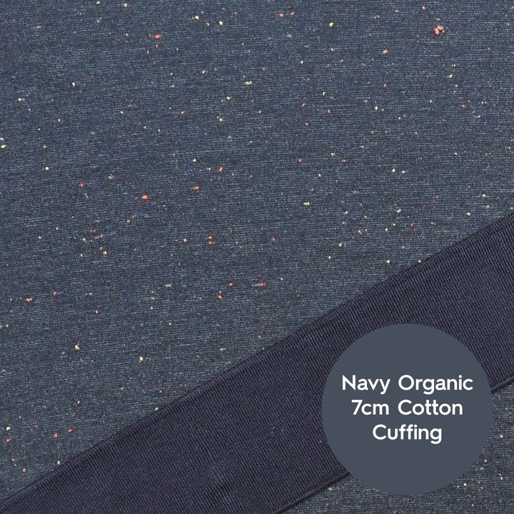 Denim blue fleeceback sweatshirt fabric with colourful flecks.