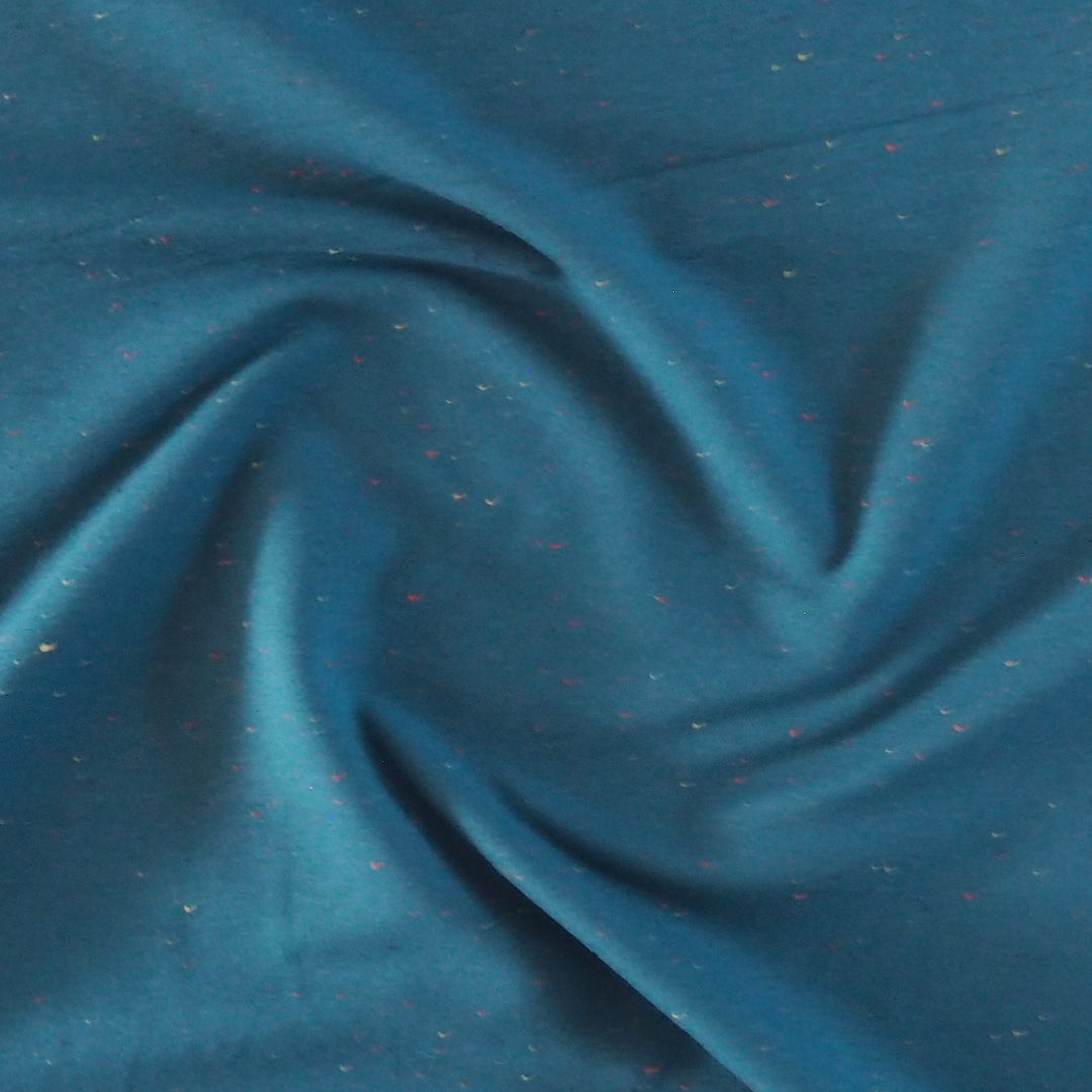 Peacock blue fleeceback sweatshirt fabric with colourful flecks.