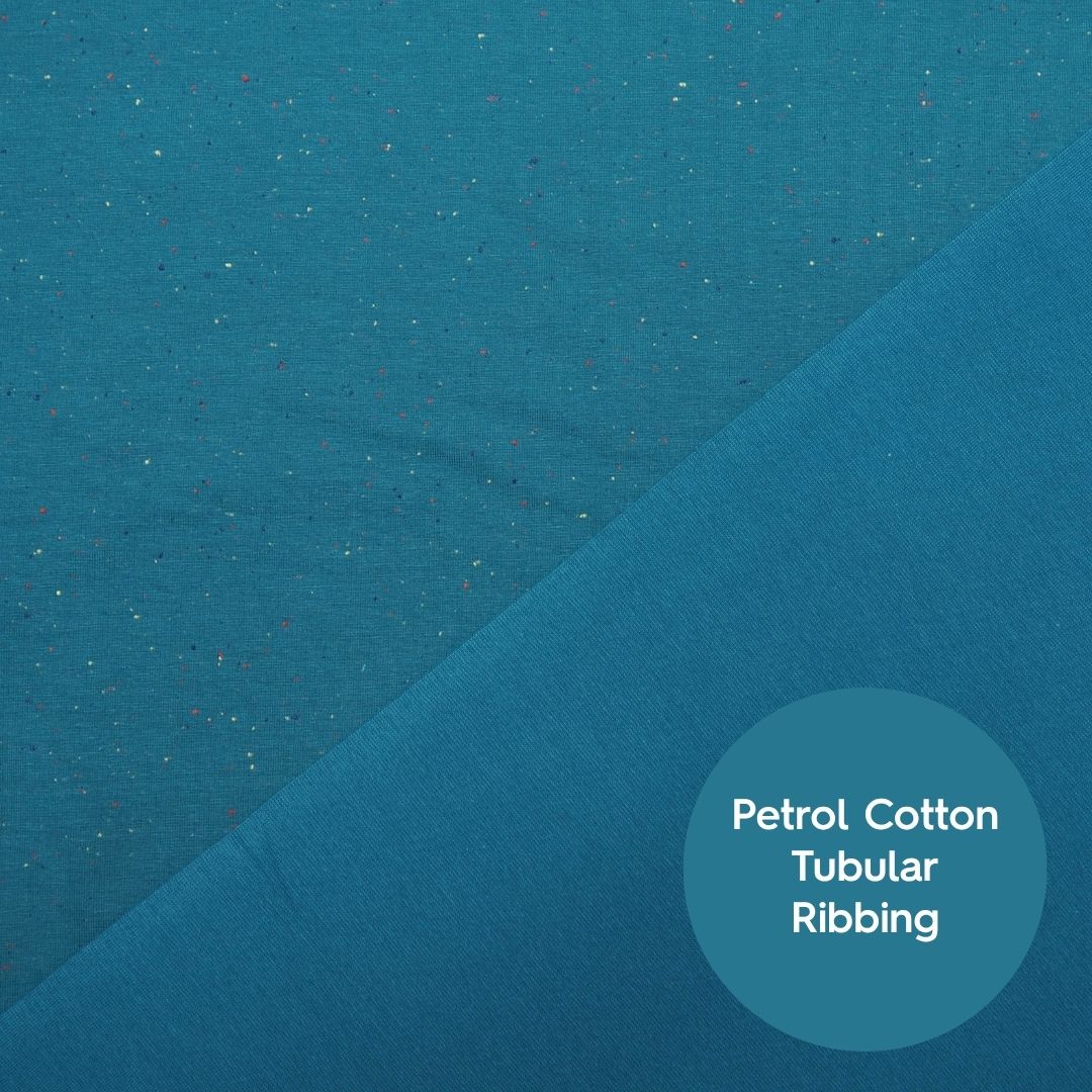 Peacock blue fleeceback sweatshirt fabric with colourful flecks.