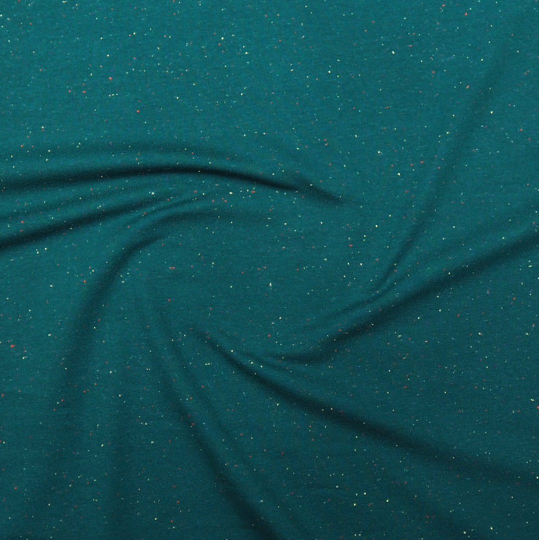 Emerald green fleeceback sweatshirt fabric with colourful flecks.