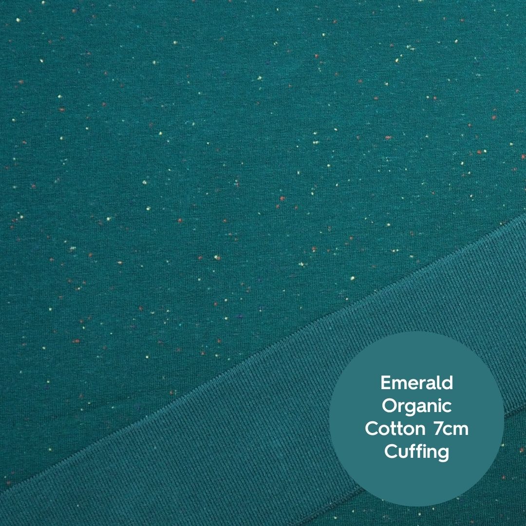 Emerald green fleeceback sweatshirt fabric with colourful flecks.