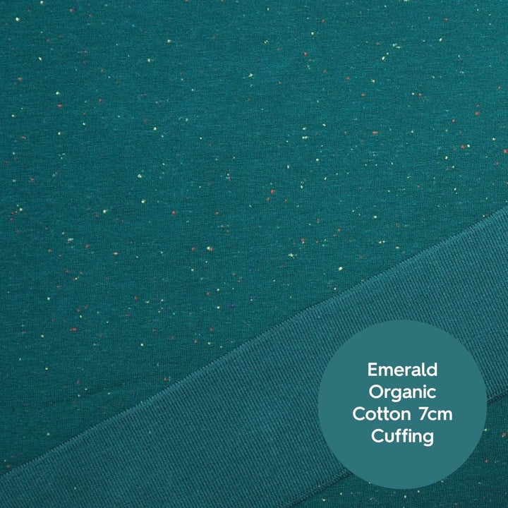 Emerald green fleeceback sweatshirt fabric with colourful flecks.