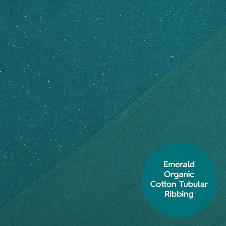 Emerald green fleeceback sweatshirt fabric with colourful flecks.