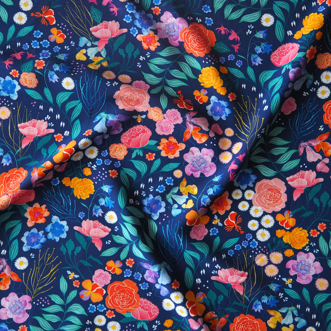 Navy Bee Happy Blooms viscose poplin fabric with floral and bee print, designed by Rachel Parker for Guthrie & Ghani.