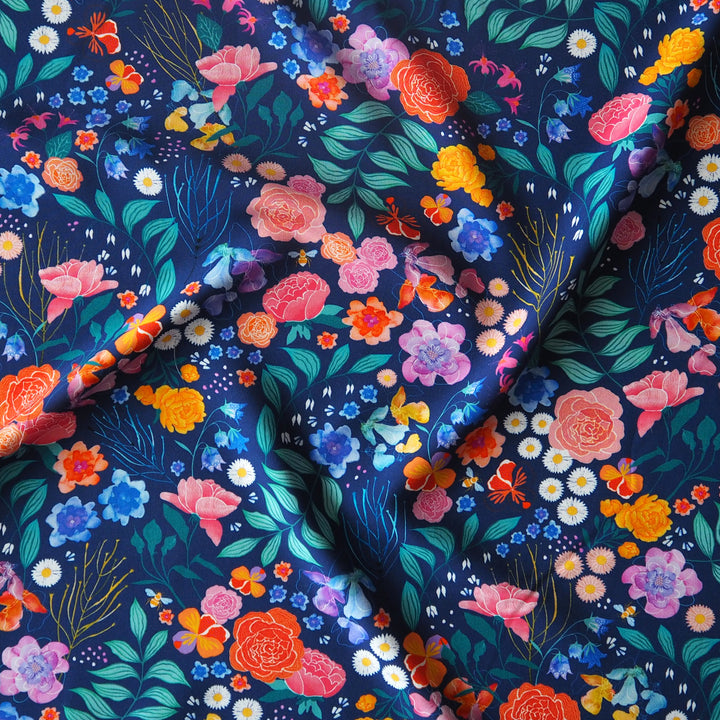 Navy Bee Happy Blooms viscose poplin fabric with floral and bee print, designed by Rachel Parker for Guthrie & Ghani.