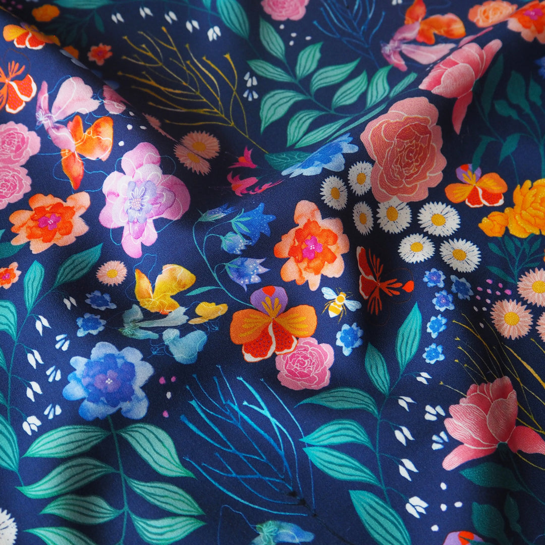 Navy Bee Happy Blooms viscose poplin fabric with floral and bee print, designed by Rachel Parker for Guthrie & Ghani.