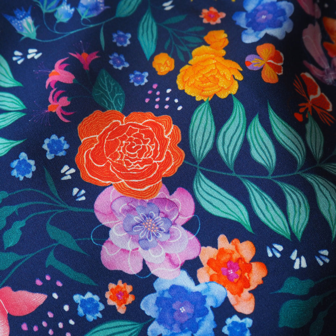 Navy Bee Happy Blooms viscose poplin fabric with floral and bee print, designed by Rachel Parker for Guthrie & Ghani.