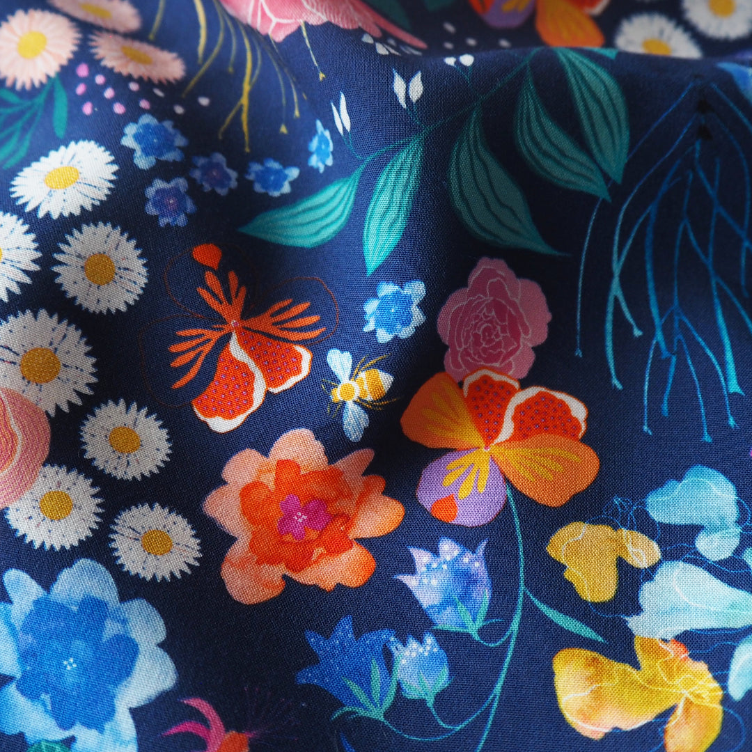 Navy Bee Happy Blooms viscose poplin fabric with floral and bee print, designed by Rachel Parker for Guthrie & Ghani.