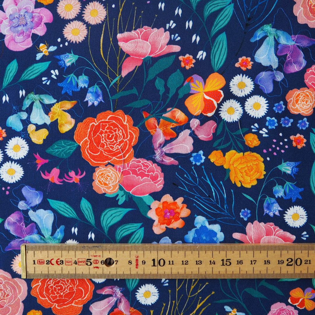 Navy Bee Happy Blooms viscose poplin fabric with floral and bee print, designed by Rachel Parker for Guthrie & Ghani.