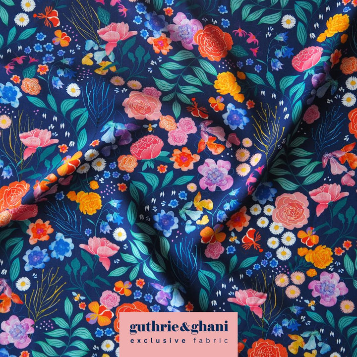 Navy Bee Happy Blooms viscose poplin fabric with floral and bee print, designed by Rachel Parker for Guthrie & Ghani.