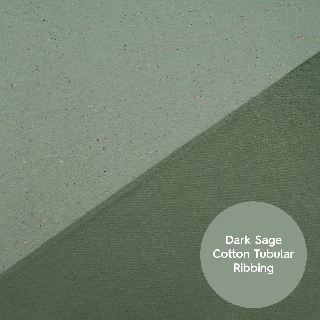 Sage green fleeceback sweatshirt fabric with colourful flecks.