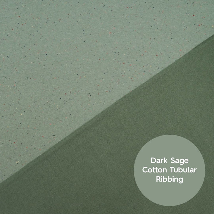 Sage green fleeceback sweatshirt fabric with colourful flecks.