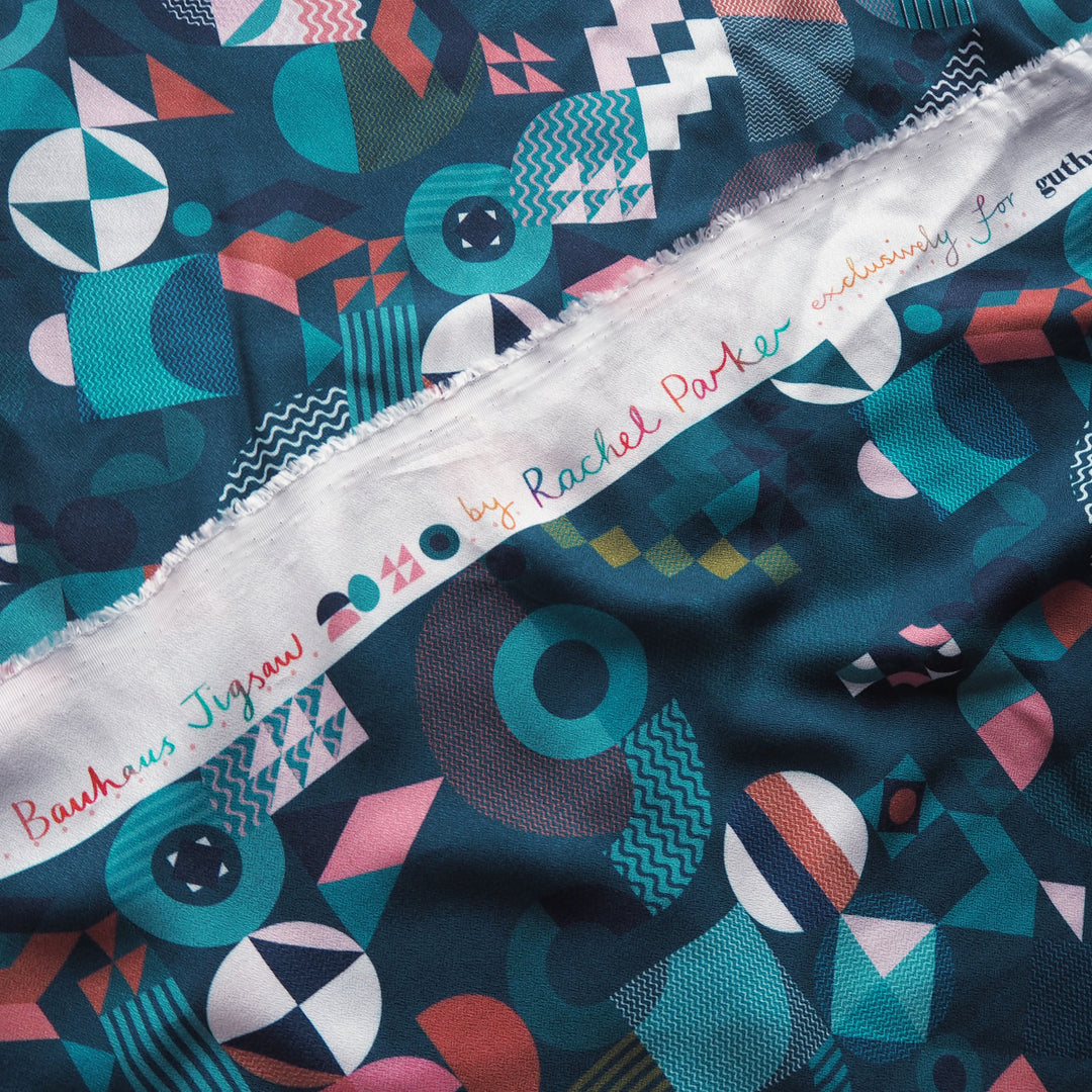 Teal Bauhaus Jigsaw by Rachel Parker Viscose Poplin Fabric – Guthrie & Ghani Exclusive