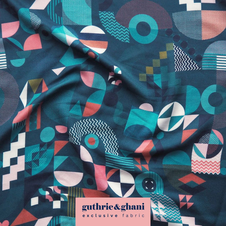 Teal Bauhaus Jigsaw by Rachel Parker Viscose Poplin Fabric – Guthrie & Ghani Exclusive