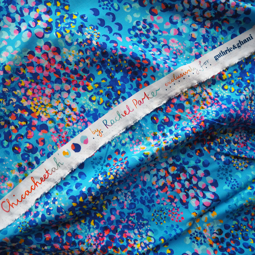 Sky Blue Chicacheetah viscose poplin fabric with an abstract cheetah print, designed by Rachel Parker for Guthrie & Ghani.