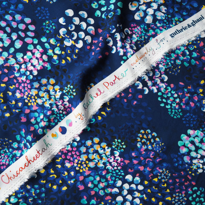 Navy Chicacheetah viscose poplin fabric with cheetah and foliage print, designed by Rachel Parker for Guthrie & Ghani.