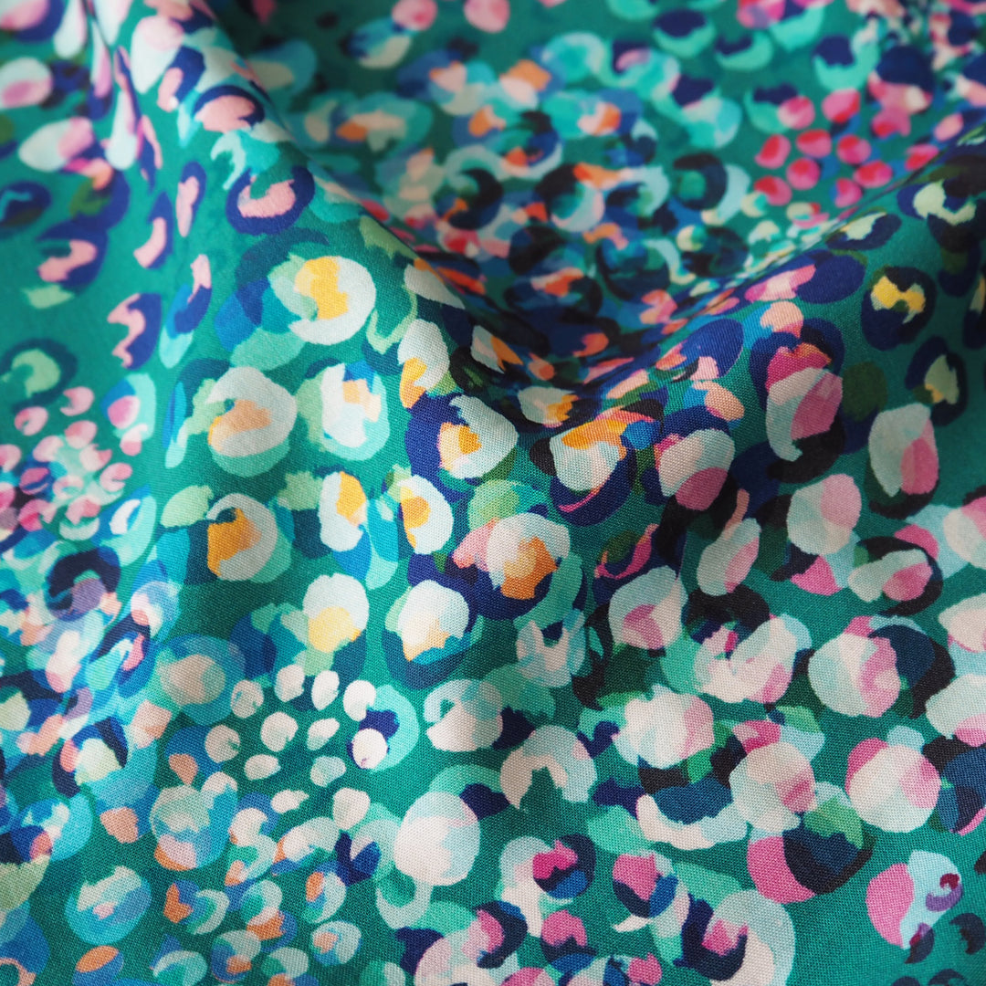 Teal Chicacheetah Ecovero viscose fabric with an abstract cheetah print, exclusive to Guthrie & Ghani.