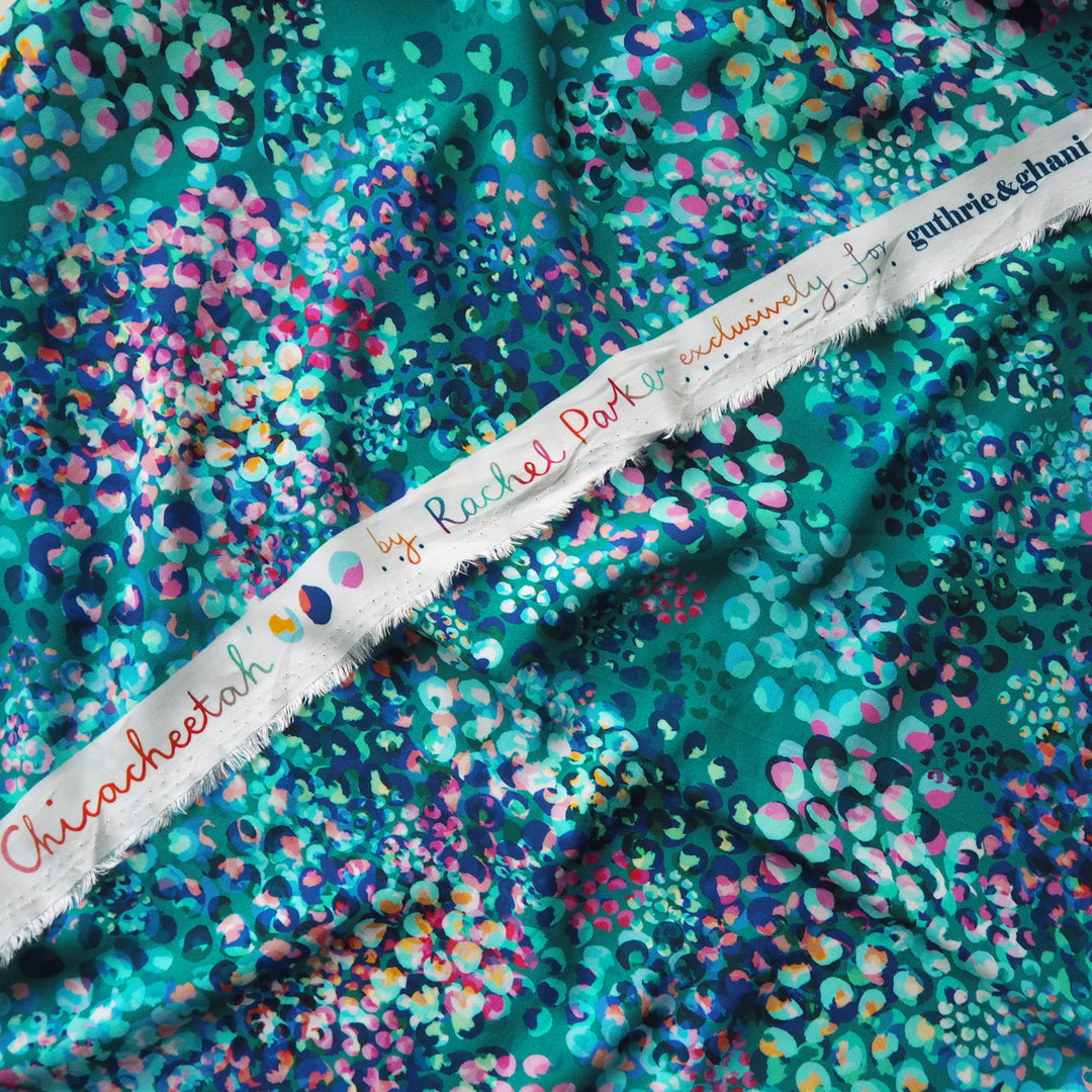 Teal Chicacheetah Ecovero viscose fabric with an abstract cheetah print, exclusive to Guthrie & Ghani.