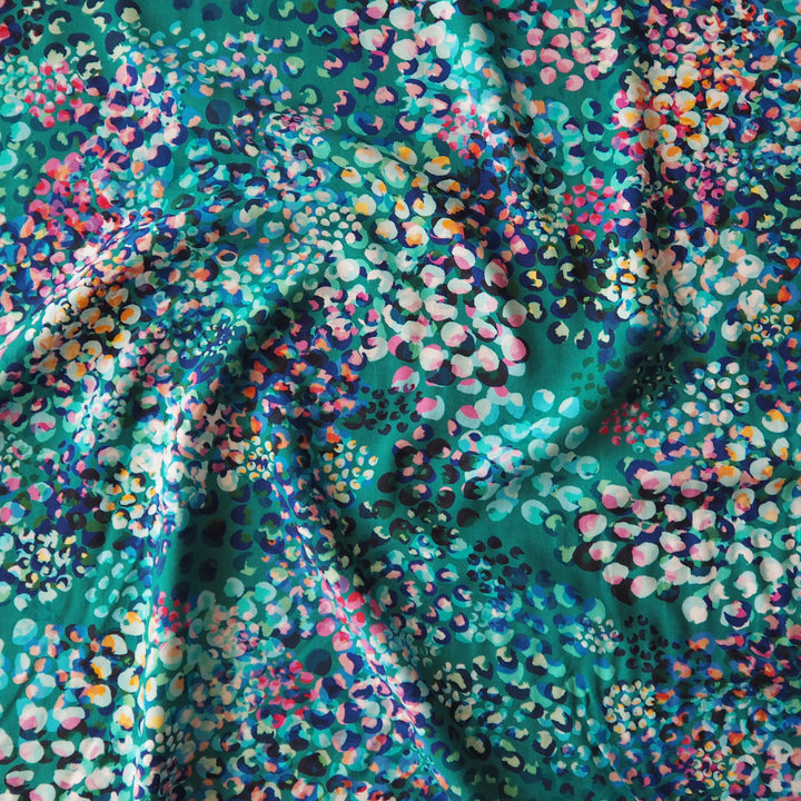Teal Chicacheetah Ecovero viscose fabric with an abstract cheetah print, exclusive to Guthrie & Ghani.