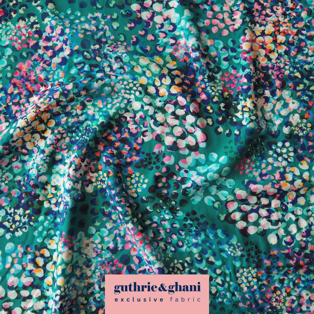 Teal Chicacheetah Ecovero viscose fabric with an abstract cheetah print, exclusive to Guthrie & Ghani.