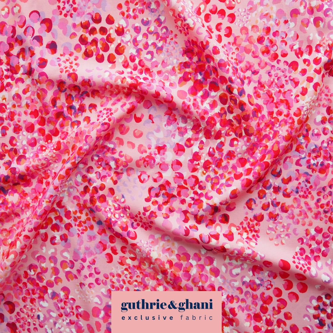 Pink Chicacheetah viscose poplin fabric with an abstract cheetah print, designed by Rachel Parker for Guthrie & Ghani.
