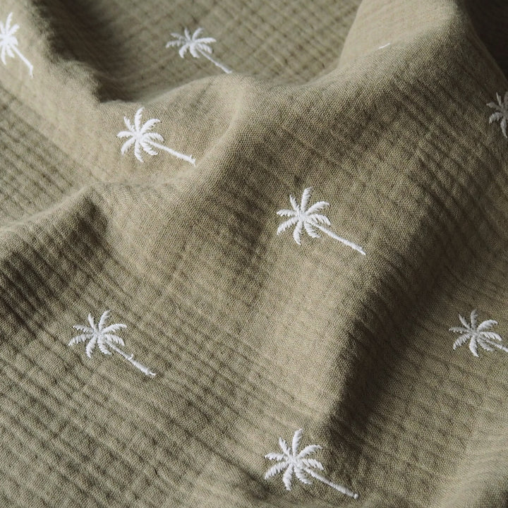 Sage Embroidered Palms Cotton Double Gauze Fabric