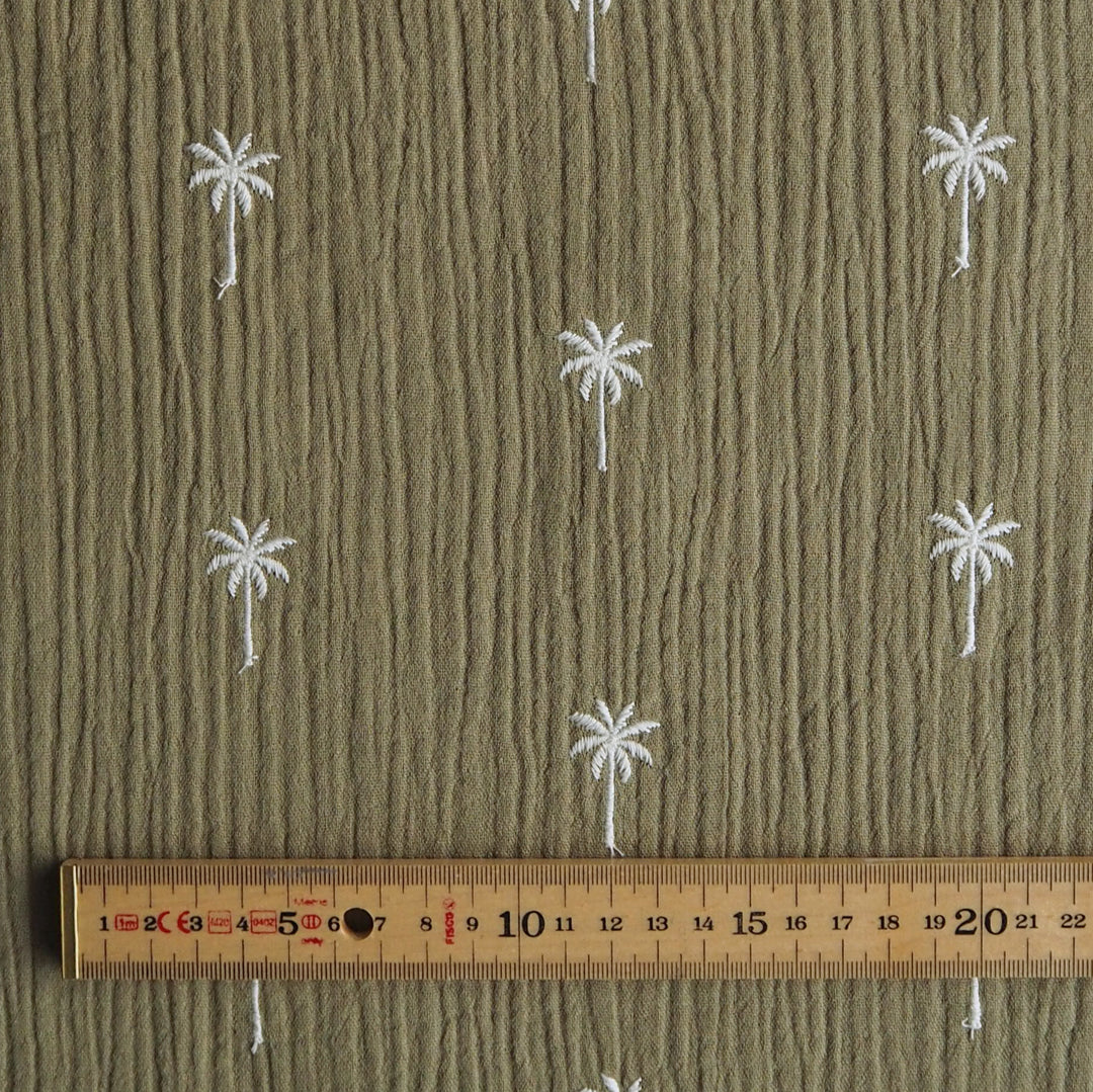 Sage Embroidered Palms Cotton Double Gauze Fabric