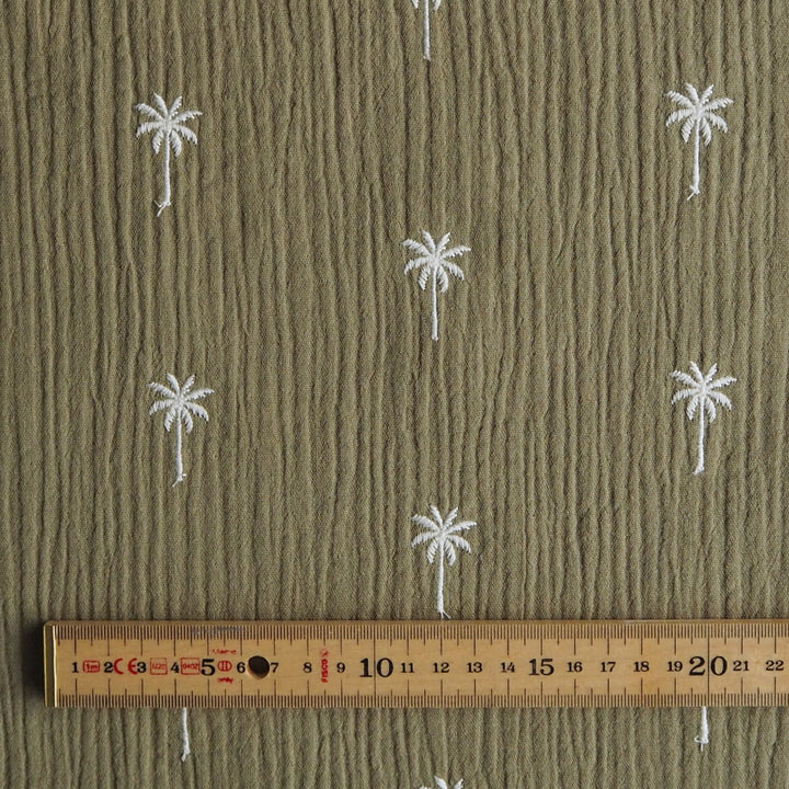 Sage Embroidered Palms Cotton Double Gauze Fabric