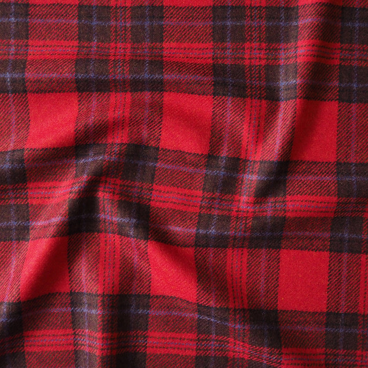 Close-up of red and black plaid British wool fabric