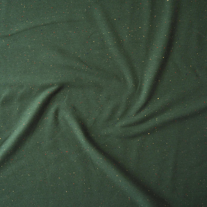 Forest green fleeceback sweatshirt fabric with colourful flecks.