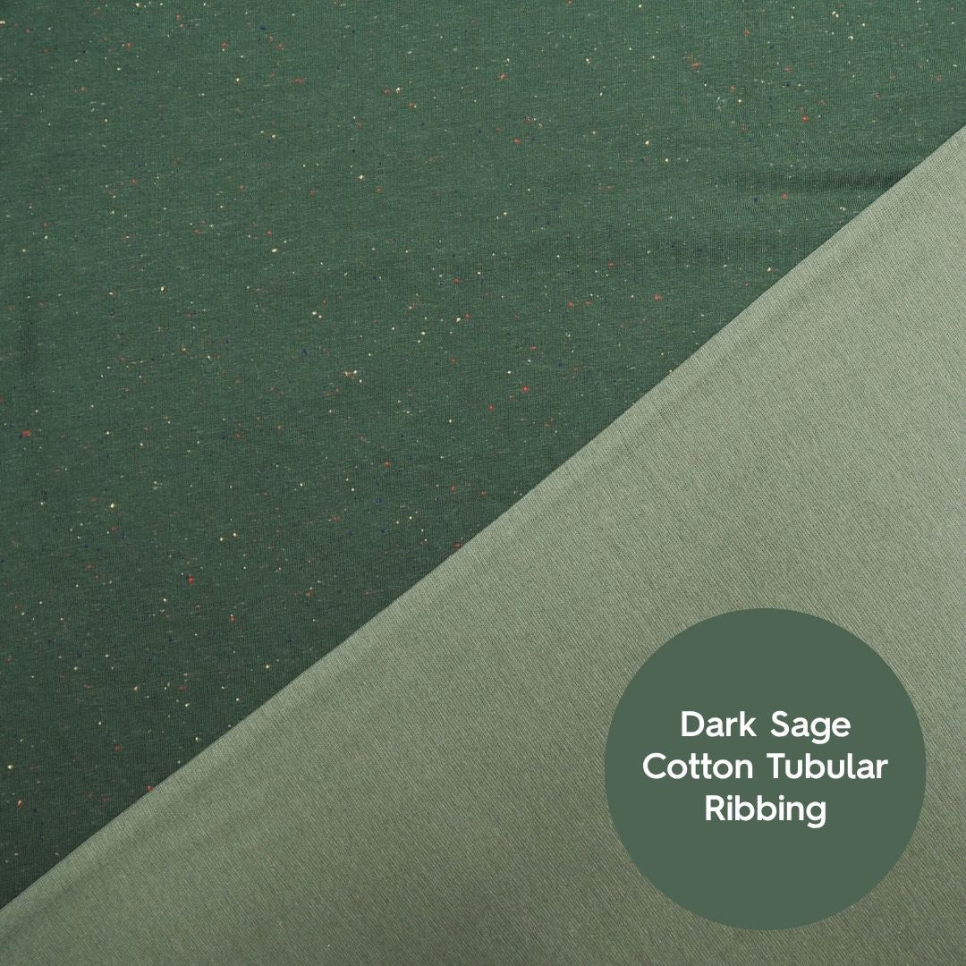 Forest green fleeceback sweatshirt fabric with colourful flecks.