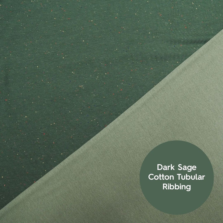 Forest green fleeceback sweatshirt fabric with colourful flecks.