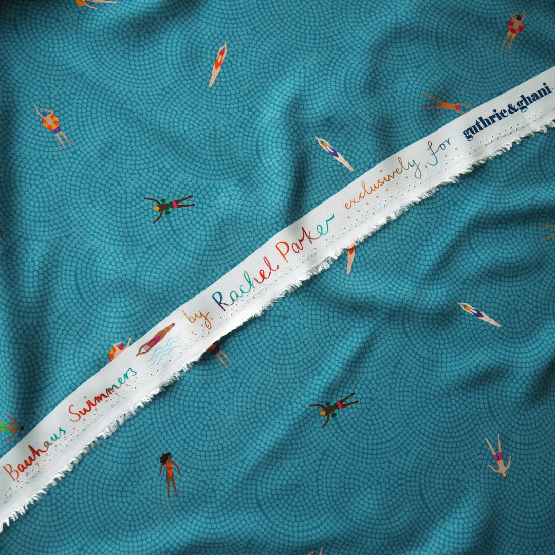 Teal Bauhaus Swimmers by Rachel Parker Viscose Poplin Fabric – Guthrie & Ghani Exclusive