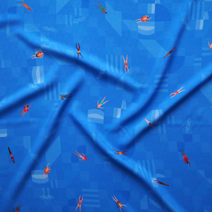 Azure Blue Bauhaus Swimmers by Rachel Parker Viscose Poplin Fabric – Guthrie & Ghani Exclusive