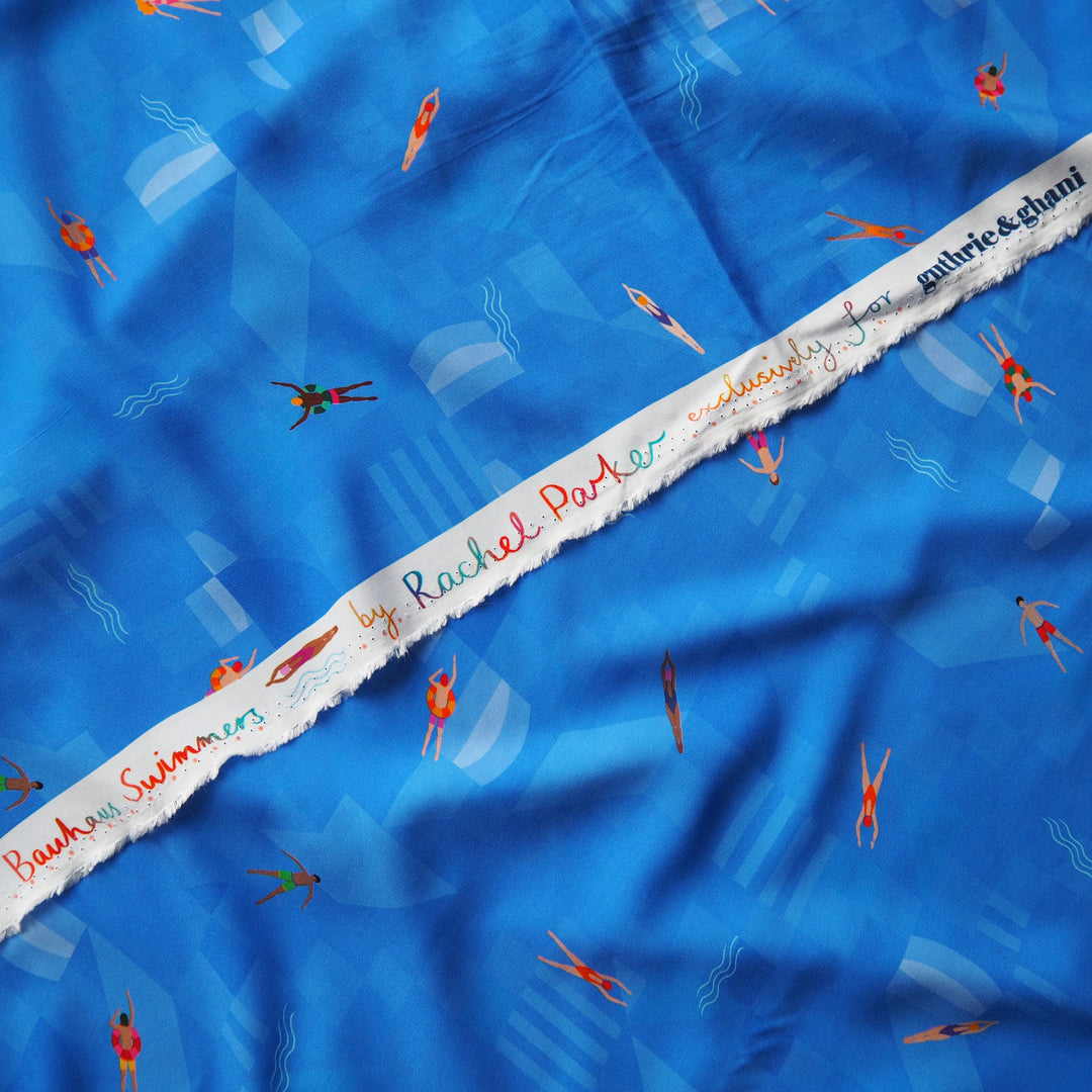 Azure Blue Bauhaus Swimmers by Rachel Parker Viscose Poplin Fabric – Guthrie & Ghani Exclusive