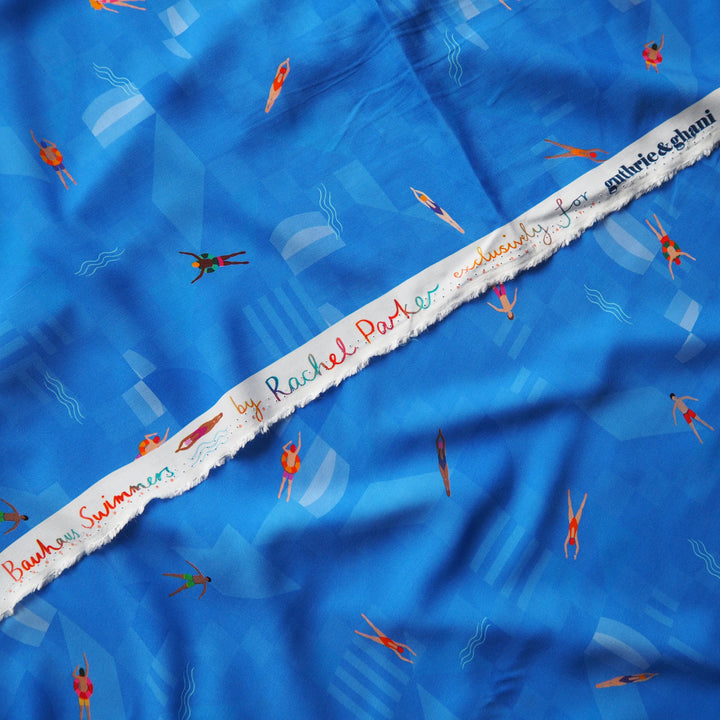 Azure Blue Bauhaus Swimmers by Rachel Parker Viscose Poplin Fabric – Guthrie & Ghani Exclusive
