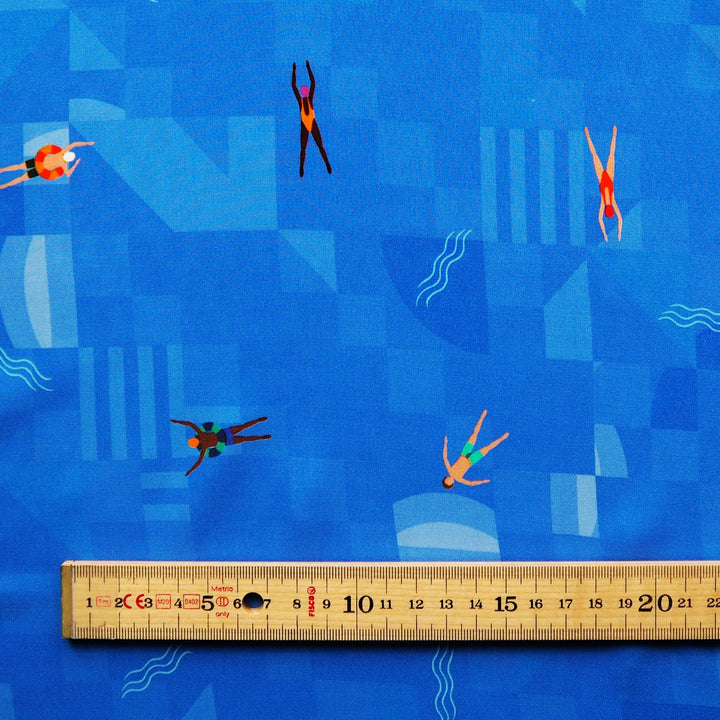 Azure Blue Bauhaus Swimmers by Rachel Parker Viscose Poplin Fabric – Guthrie & Ghani Exclusive