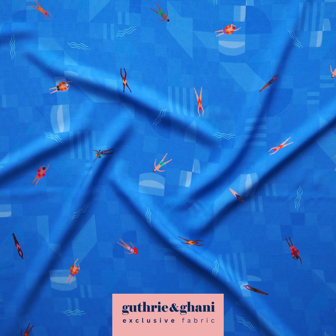 Azure Blue Bauhaus Swimmers by Rachel Parker Viscose Poplin Fabric – Guthrie & Ghani Exclusive