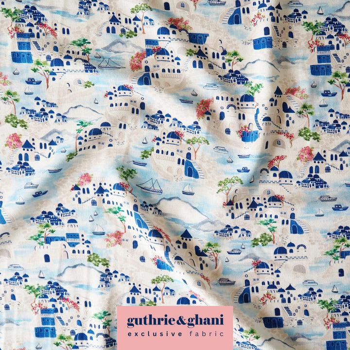 Bougainvillea Island viscose linen fabric with greek inspired scenic print