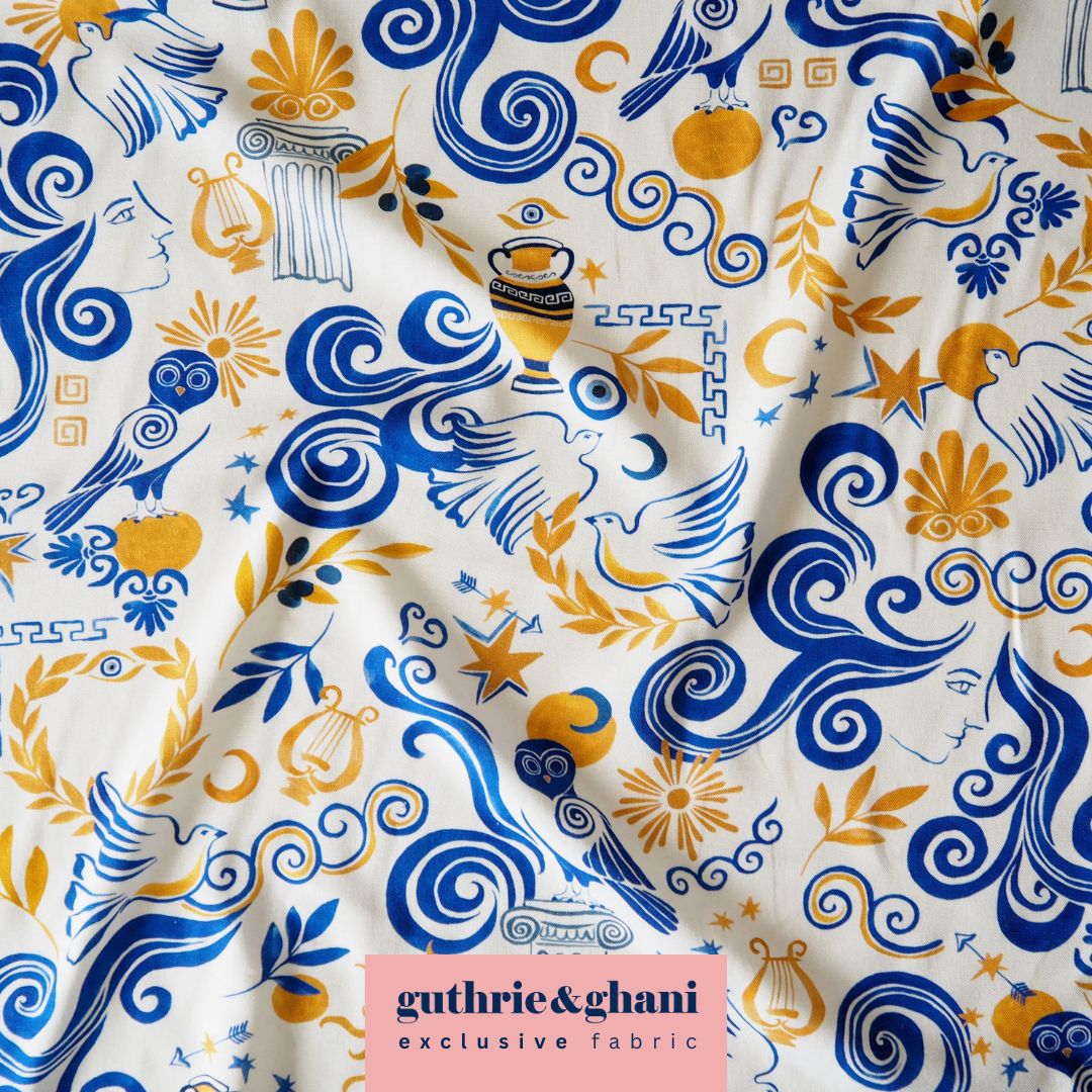 Goddess Power viscose linen fabric with expressive Greek-inspired print