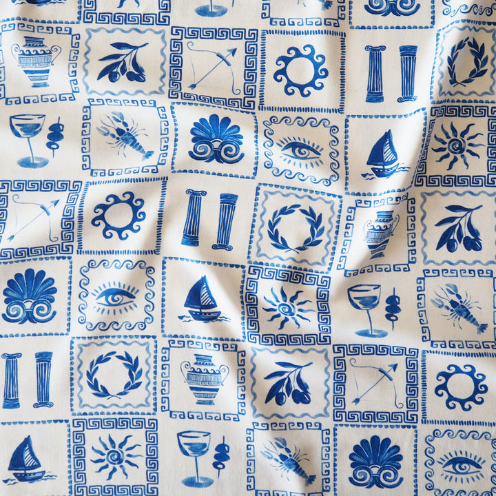 Fabric with blue and white geometric pattern