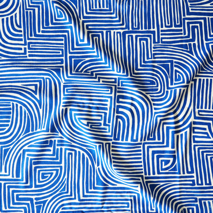 Fabric with blue and white geometric pattern