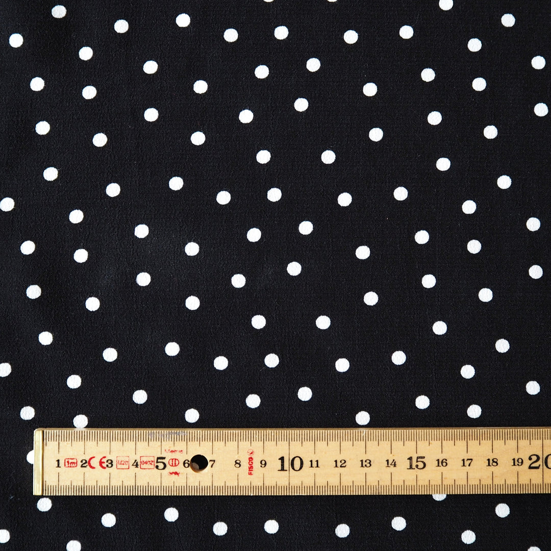 Fabric Godmother Black Vivian Polka Dot Viscose Crepe Fabric – black viscose crepe with ivory polka dots