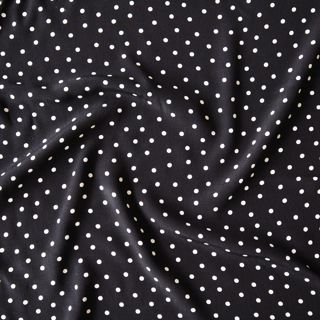 Fabric Godmother Black Vivian Polka Dot Viscose Crepe Fabric – black viscose crepe with ivory polka dots