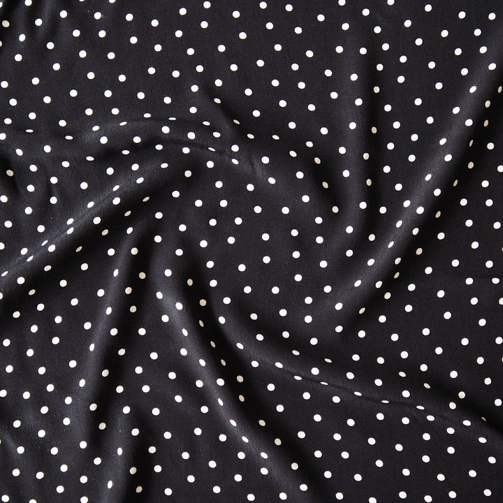 Fabric Godmother Black Vivian Polka Dot Viscose Crepe Fabric – black viscose crepe with ivory polka dots