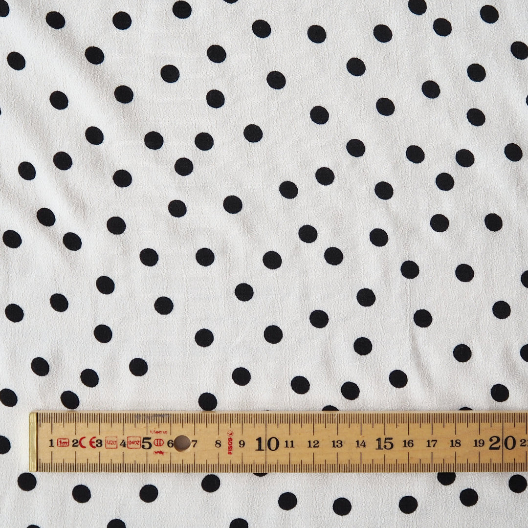 Fabric Godmother Ivory Vivian Polka Dot Viscose Crepe Fabric – ivory viscose crepe with black polka dots